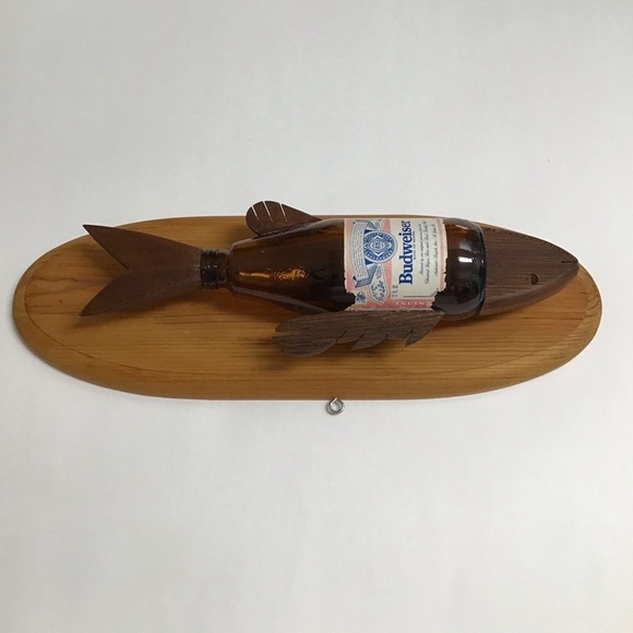 Budweiser Beer Bottle Fish Wall Plaque Wood Handmade Bud Folk Art Bar Decor 80’s - Picture 12 of 16
